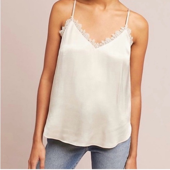 Anthropologie Tops - Anthropolgie Floreat Silky Satin Lace Cami Tank Top Cream Champagne Vneck